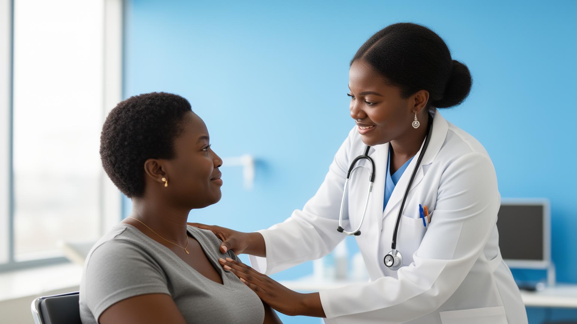 Ghanaian doctor warmly assisting a patient at PrimeCheck Health